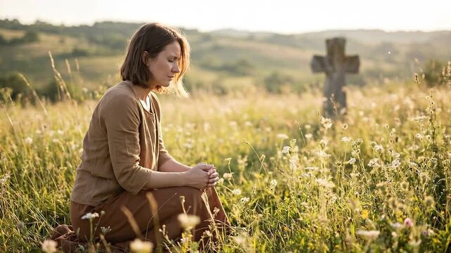 Woman Kneeling in Meadow with Head Bowed in Prayer