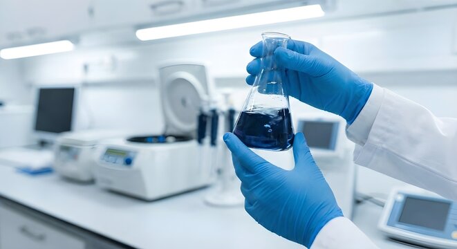 Scientist hands in blue gloves holding glass flask with dark blue liquid in modern laboratory research
