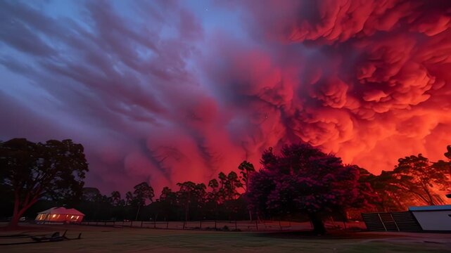 Rural house beneath a massive red storm cloud pyrocumulus sky