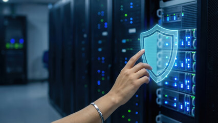 Data server security ai risk controls concept with hand touching shield icon in data center room