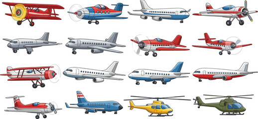 Colorful cartoon illustration of diverse aircraft including airplanes, jets, biplanes, and helicopters, arranged in row, showcasing aviation variety, playful design, educational content, character art © Niati