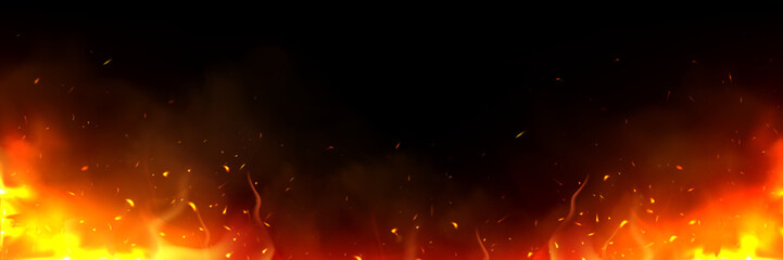 Fire with flying sparks, light of burning flame realistic vector illustration on black background. Dramatic fiery effect with glowing orange particles and smoke, dynamic overlay design element