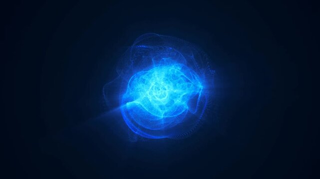 Neon Blue Energy Sphere Animation Microparticle Waves Lightning Stars Rays Cosmic Matter Rotating Dots Life Creation Universe Background for Technology Medicine Logo 4K