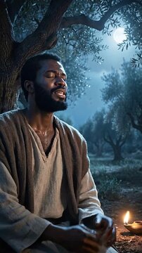 Vertical Video-Gethsemane Prayer Black Jesus Kneeling - Garden Night Moonlight Olive Trees Candlelight Emotional