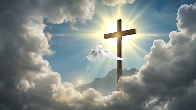 Dove Flying Towards Break in Storm Clouds Revealing Cross