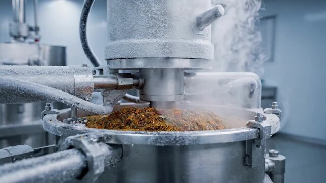Medium shot showcasing fine grinding of spices using an ultralow temperature cryogenic mill highlighting frostcovered equipment and vapor from the nitrogenbased system.