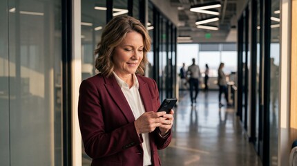 Businesswoman in modern office checking phone with a smile
