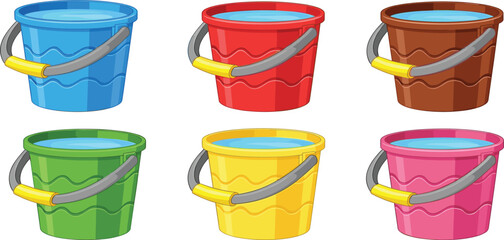Colorful cartoon illustration of plastic buckets filled with water, arranged in rows, showcasing vibrant colors, playful design, household objects, educational content, children’s learning material © Niati