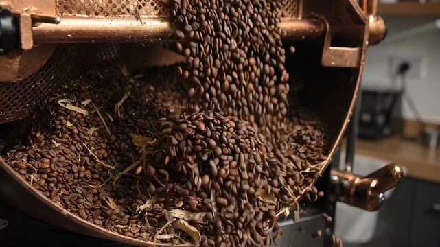 Close medium view of sample roast process in coffee drum roaster highlighting precise bean movement and moderate chaff emission for quality testing stage.