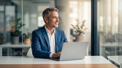 Fototapeta premium Confident businessman working on laptop in modern office space