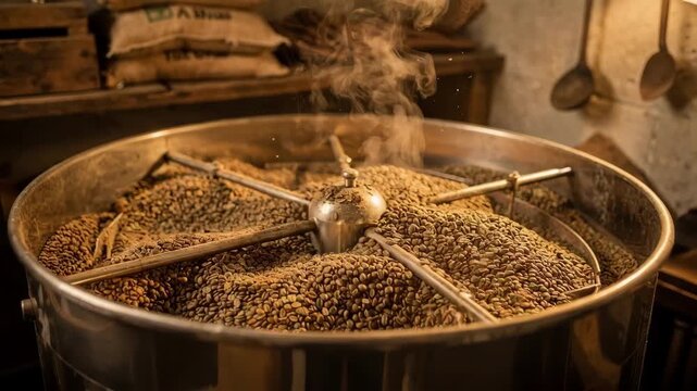 Medium shot of coffee roasting drum filled with beans during light roast showing gentle color change and rising chaff exhaust in a warm rustic environment.