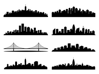 Fototapeta premium Black city skyline silhouette set with modern and classic buildings, skyscrapers silhouette set