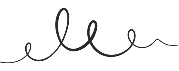 Squiggle curvy continuous black line with smooth loops and curves on white background. Divider element stroke drawn flowing rhythm and balance.