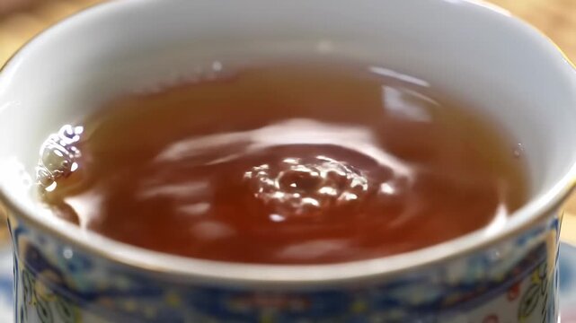 Close up of hot tea in a patterned cup