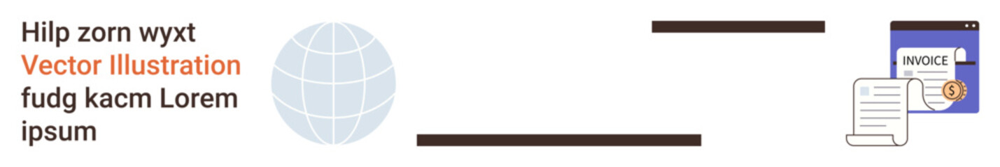 Finance management, global connectivity, digital workflow, invoicing, documentation, online transactions. Globe with textual elements, invoice and receipt graphic icons. Finance management