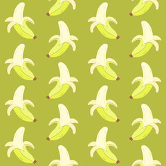 Naklejka premium Dojrzałe banany - bezszwowy wzór. Zielone tło z owocami tropikalnymi. Ilustracja wektorowa.