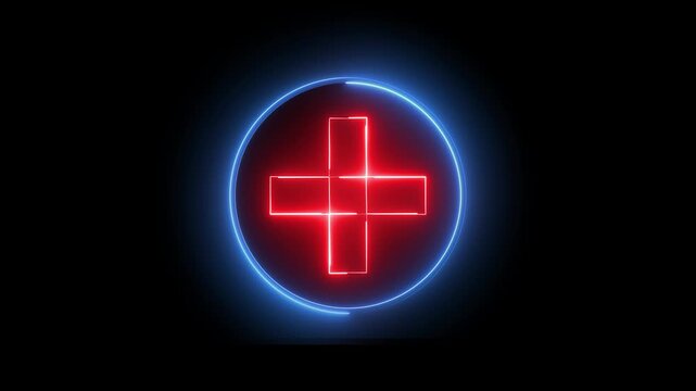 Neon plus sign icon animation glowing red and blue color neon sign positive mathematic accountancy calculating icon sign symbol on black background