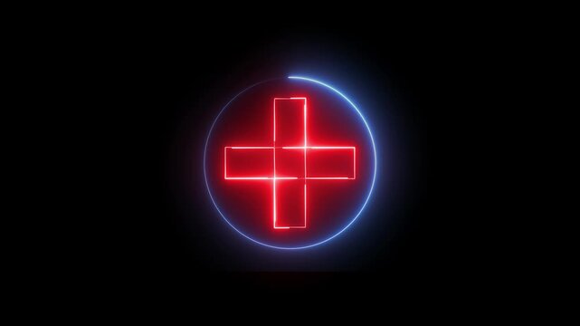 Neon plus sign icon animation glowing red and blue color neon sign positive mathematic accountancy calculating icon sign symbol on black background
