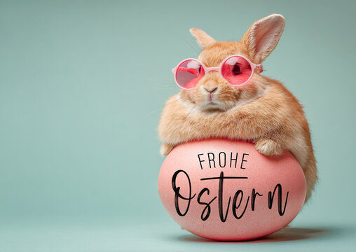Frohe Ostern, Gru&szlig;karte, Karte mit deutschem Text - Lustiger Osterhase Kaninchen Hase mit Sonnenbrille und Osterei, isoliert auf t&uuml;rkisemHintergrund