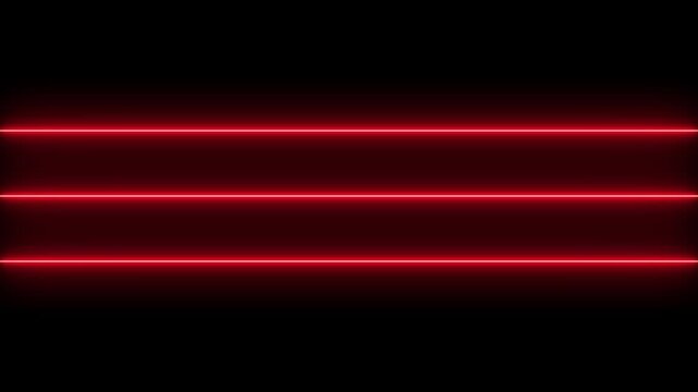 Abstract flickering futuristic background featuring three horizontal red neon laser lines glowing brightly against a solid dark black backdrop for minimalist technology themes.