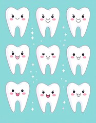 Smiling white teeth cartoon pattern with sparkling accents on a light blue background