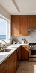 Modern kitchen with ocean view and wood cabinets