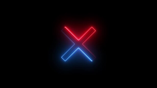 Neon Cross sign icon animation glowing red and blue color no reject error wrong cancel incorrect negative warning alert icon sign symbol on black background 