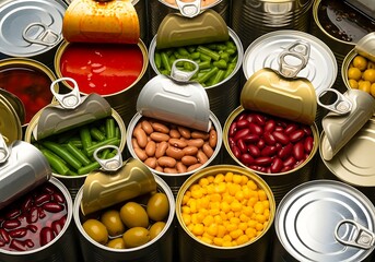 A colorful assortment of opened canned goods with various foods inside