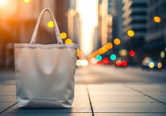 A white tote bag stands prominently on a city sidewalk