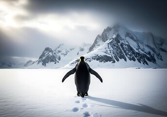 Emperor penguin stands in antarctica with a snowy mountain backdrop