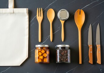 Flat lay of wooden utensils jars knives and a canvas tote bag