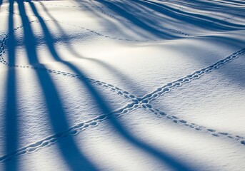 Snowy landscape with animal tracks and dramatic shadows from trees