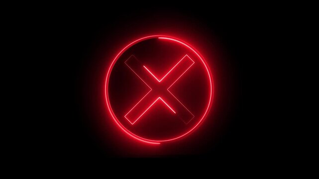 Neon Cross sign icon animation glowing red color no reject error wrong cancel incorrect negative warning alert icon sign symbol on black background 