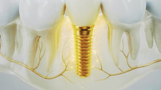 Dental implant screw anchors into jawbone beneath crown, showing gum tissue and nerve pathway during placement