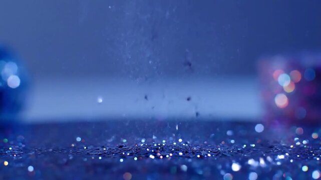 Ethereal Glitter Dust in Beams Dynamic shot focusing on concentrated pockets of bold glitter dust suspended in the air, illuminated by soft, cool light beams mimicking the blue hour, creating