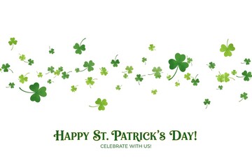 Happy St Patrick&rsquo;s Day Greeting with Flying Green Shamrocks on White Background