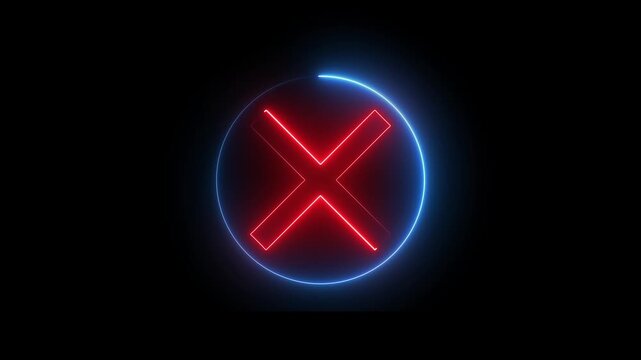 Neon Cross sign icon animation glowing red and blue color no reject error wrong cancel incorrect negative warning alert icon sign symbol on black background 