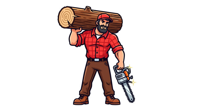 A cartoon lumberjack carrying a log and holding a chainsaw on a white background