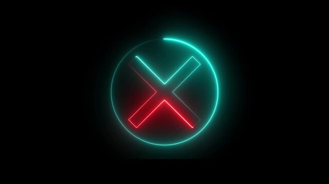 Neon Cross sign icon animation glowing red and cyan color no reject error wrong cancel incorrect negative warning alert icon sign symbol on black background 