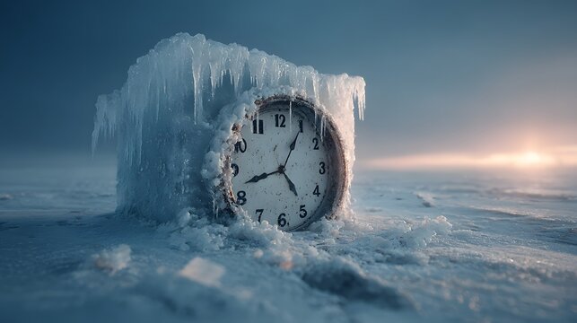 Surreal shot of large analog clock frozen solid in block of ice on snowy tundra with icicles in winter morning light constellations art.