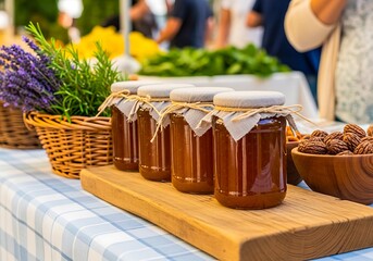 A vibrant farmers market display featuring honey lavender and fresh produce