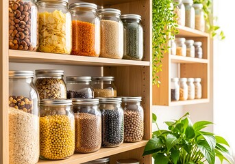 Organized pantry shelves filled with glass jars of various grains and legumes