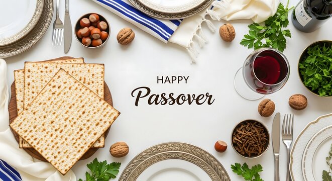 Passover Holiday Table with Matzo Bread and Traditional Foods, Jewish Pesach Celebration, Festive Seder Dinner Setting, Cultural Cuisine, Flat Lay Greeting Background