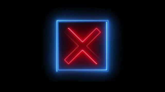 Neon Cross sign icon animation glowing red and blue color no reject error wrong cancel incorrect negative warning alert icon sign symbol on black background 