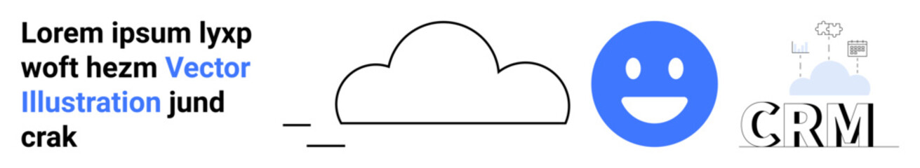 Fototapeta premium Cloud computing, technology integration, digital communication, data management, CRM, customer support. A cloud symbol and blue happy face with text and CRM reference. Cloud computing and technology