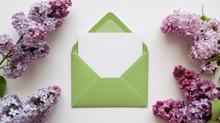 Green envelope with blank card surrounded by lilac flowers on white