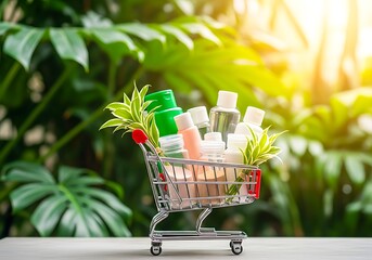 A miniature shopping cart filled with various cosmetic products and greenery