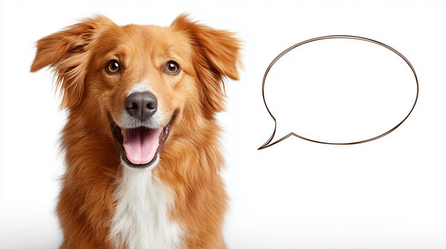 Happy brown dog smiling with empty speech bubble on a white background.