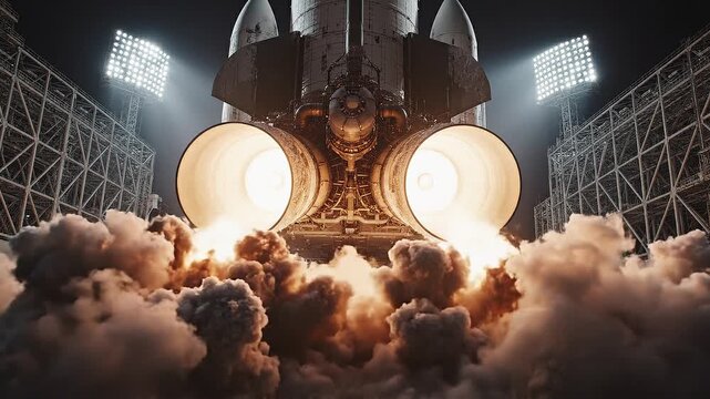 A rocket blasts off in a 4k video capturing the intense launch event with smoke and flames at a nighttime spaceport.