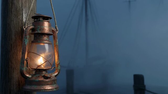 A lantern hangs from a post at a dock surrounded by fog. Boats are visible in the background, creating a setting suitable for maritime and outdoor themes